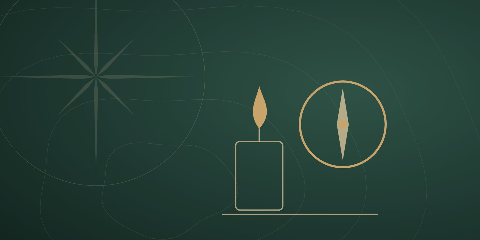 Illustration: a candle burning low next to a compass.